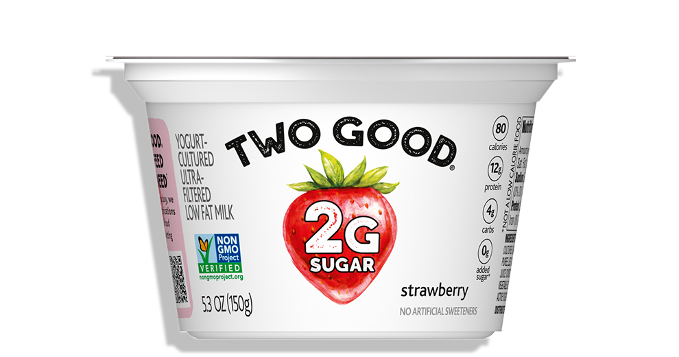 Two Good® Strawberry Greek Yogurt With 2 Grams of Sugar per 5.3 oz cup. 